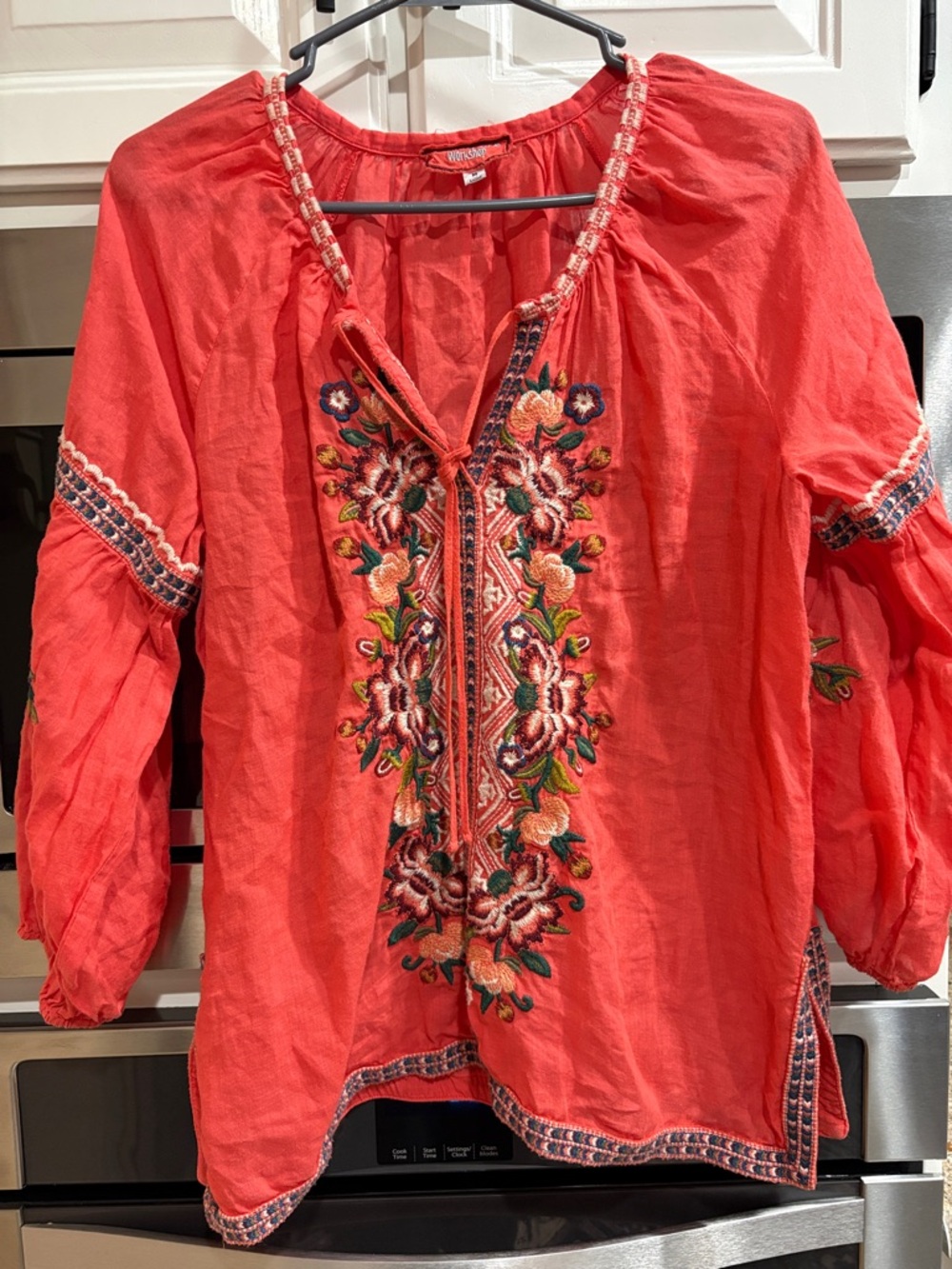 Embroidered Peasant Blouse - Coral